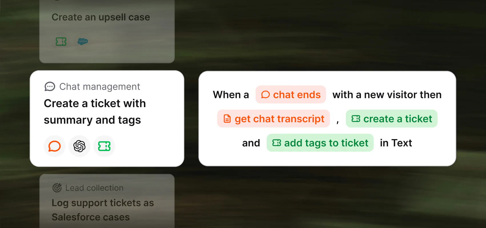Workflow automation that creates a ticket with a summary and tags when a chat with a new visitor ends