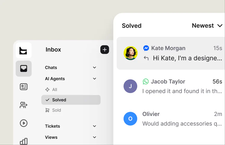 Text inbox list with a Messenger chat from Kate Morgan and a WhatsApp chat from Jacob Taylor side by side