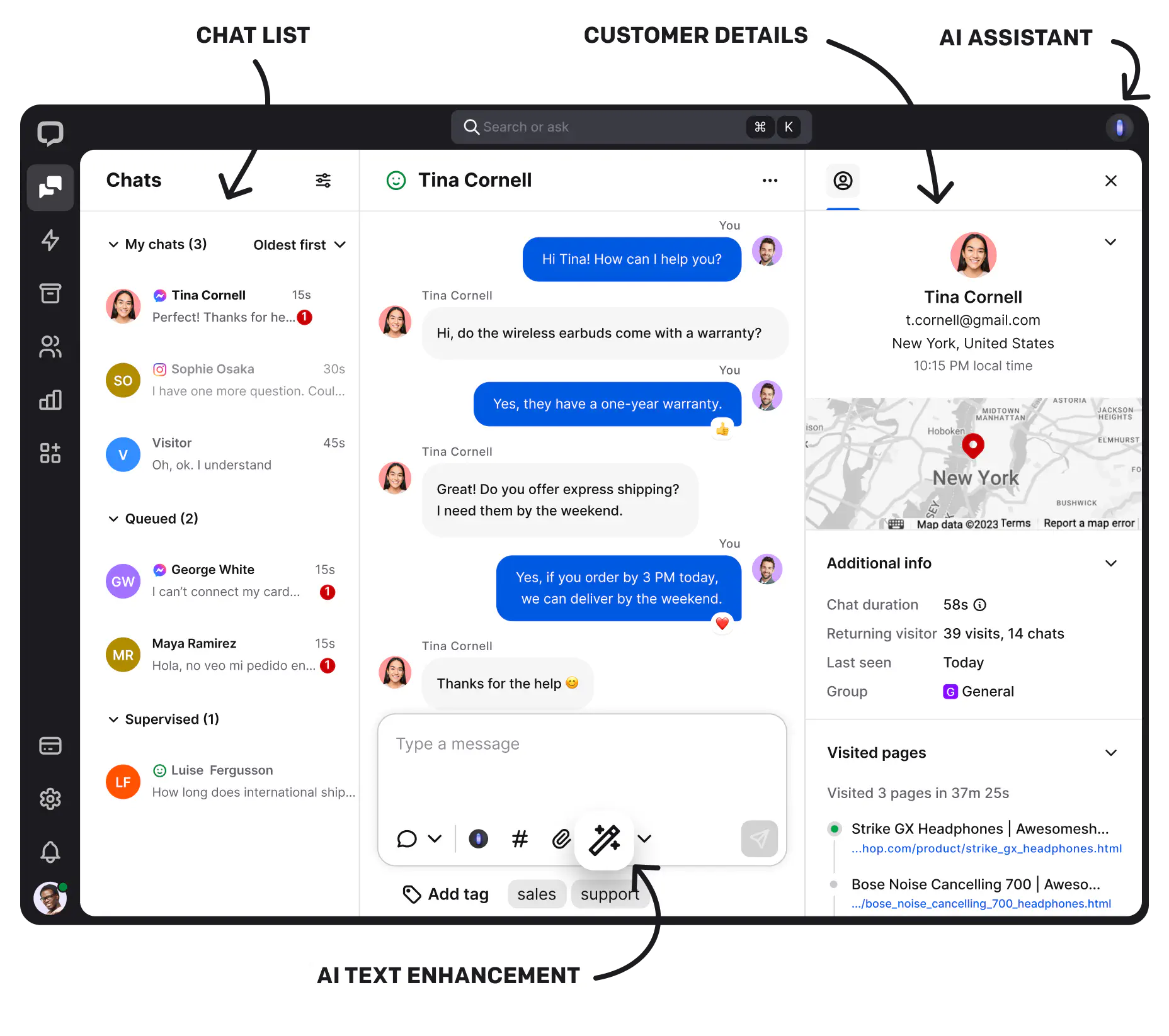 The look of the LiveChat® app from the inside which shows the chat list and its features: AI text enhancement, Customer Details, and AI Assistant.