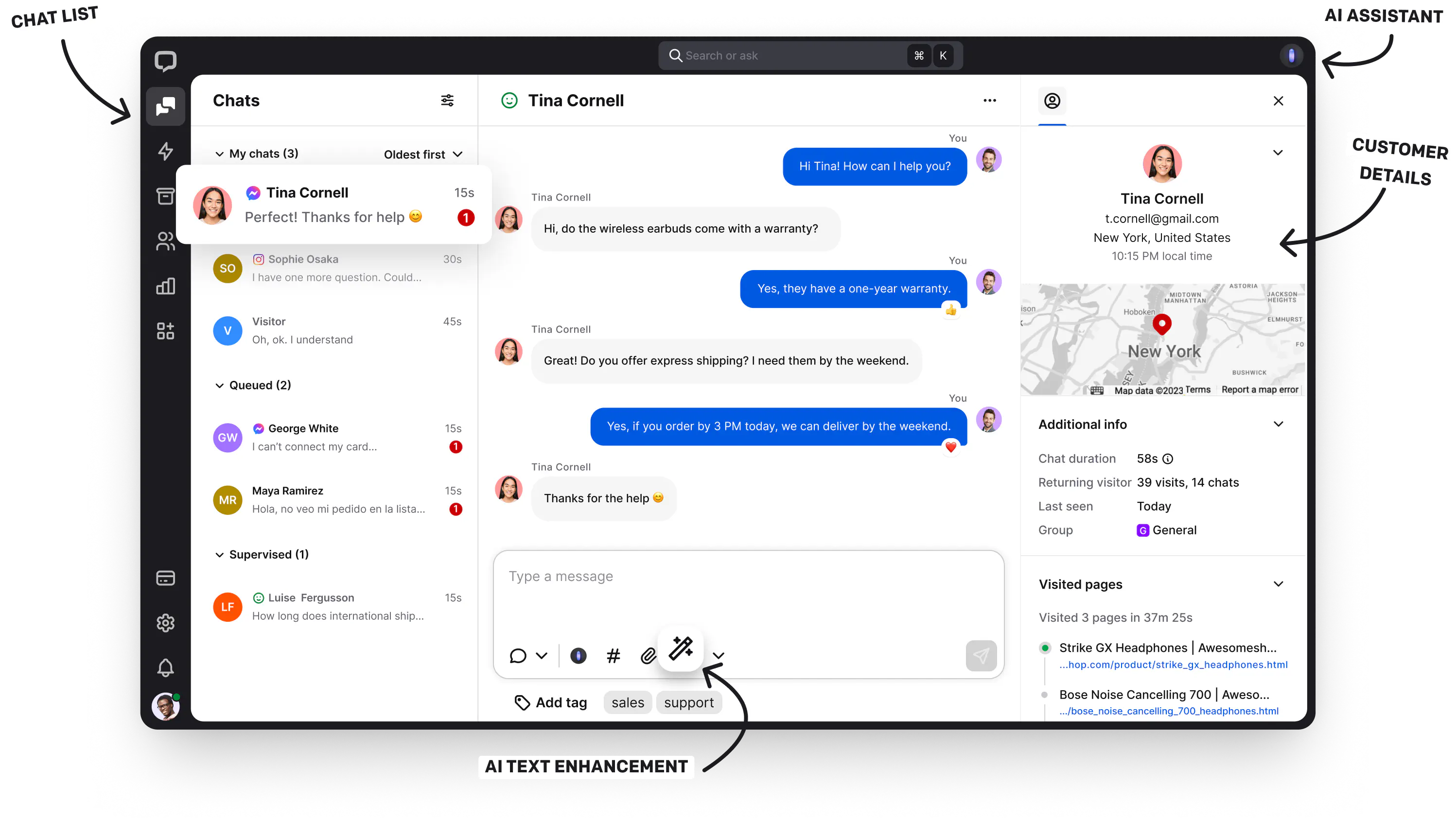 The look of the LiveChat® app from the inside which shows the chat list and its features: AI text enhancement, Customer Details, and AI Assistant.