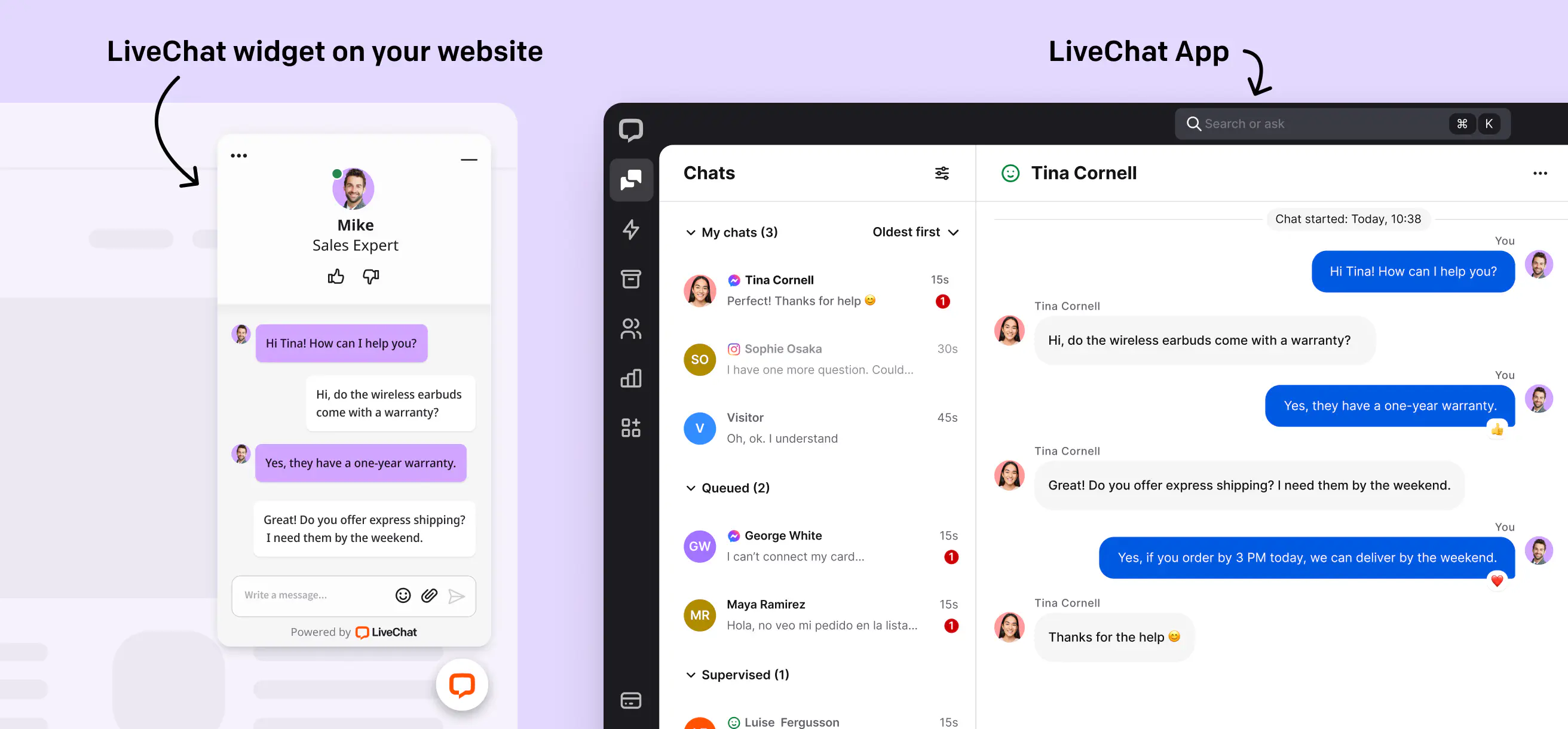 The look of the LiveChat® widget on a website and the look of the LiveChat® application from the inside.