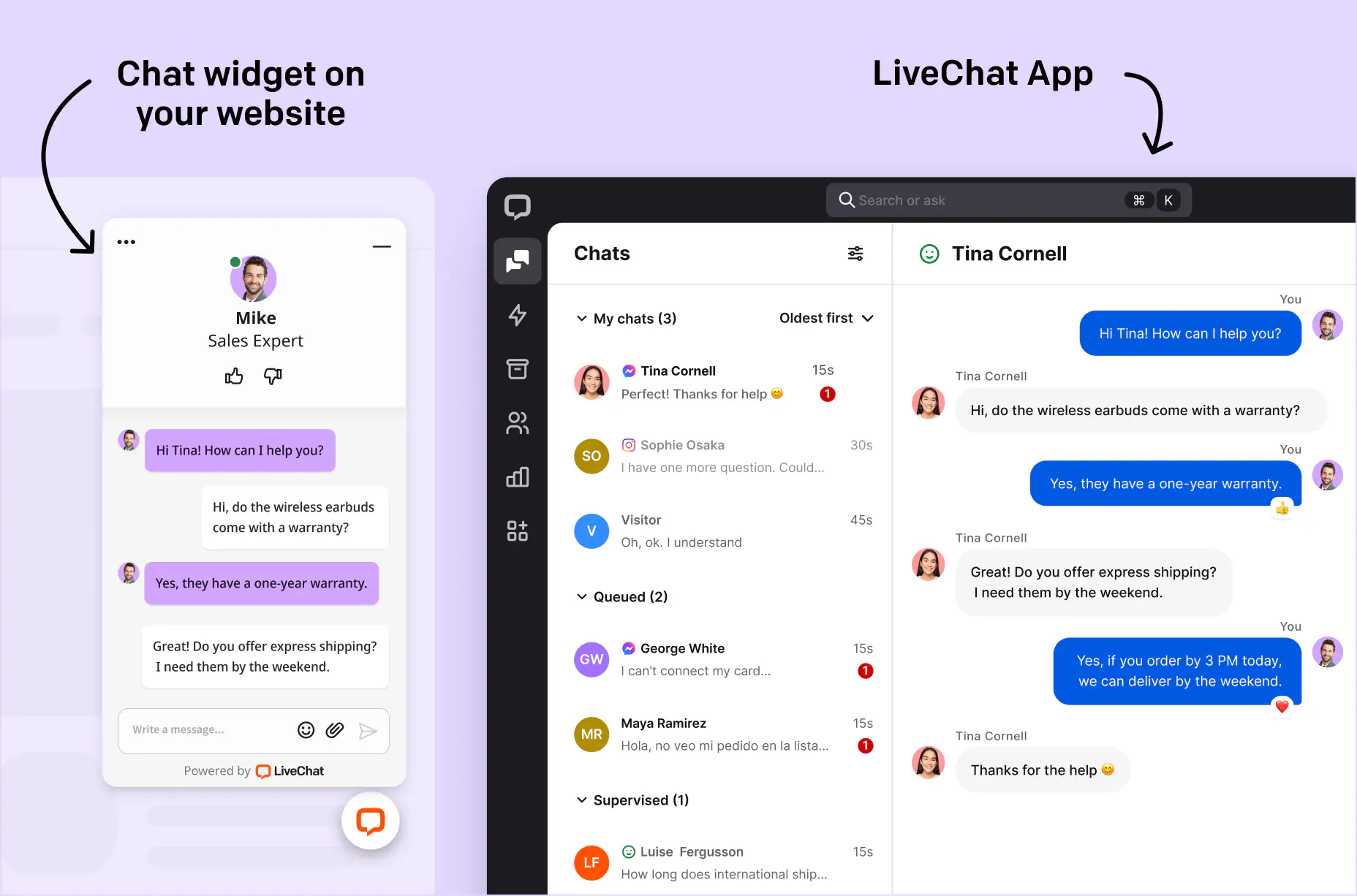 The look of the LiveChat® widget on a website and the look of the LiveChat® application from the inside.