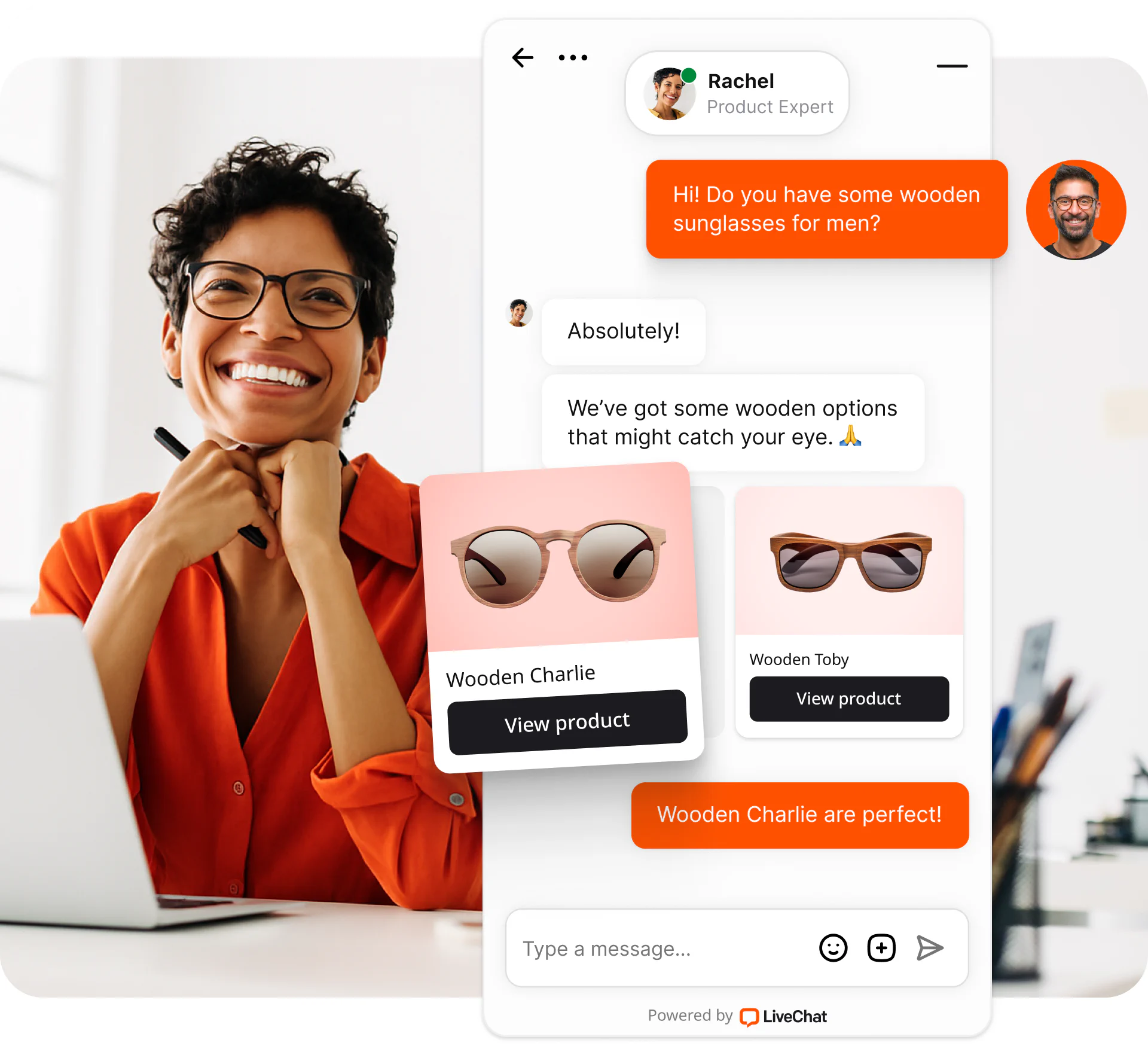 The look of the LiveChat® widget on a website and the look of the LiveChat® application from the inside.