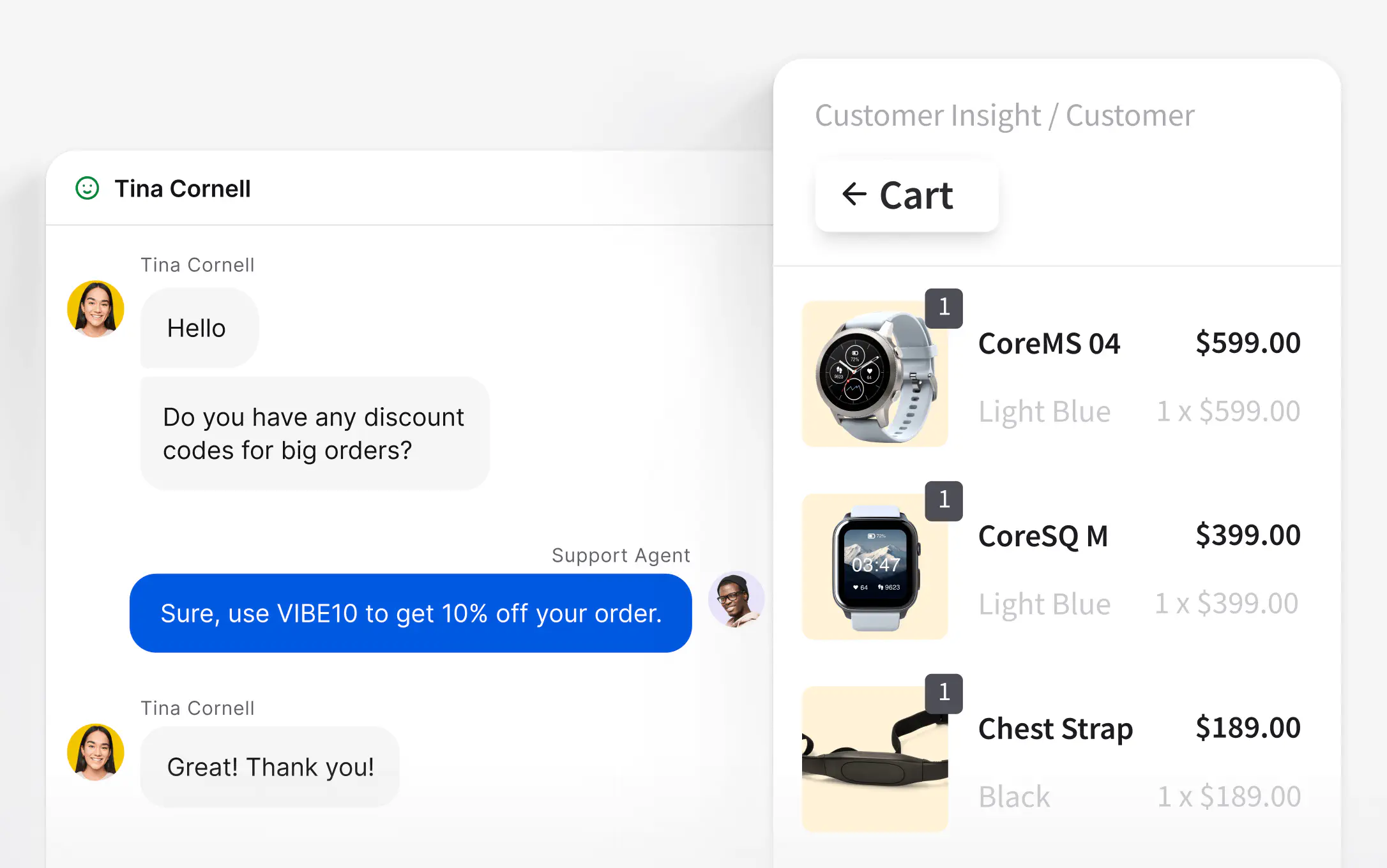 Customer details and cart preview in live chat