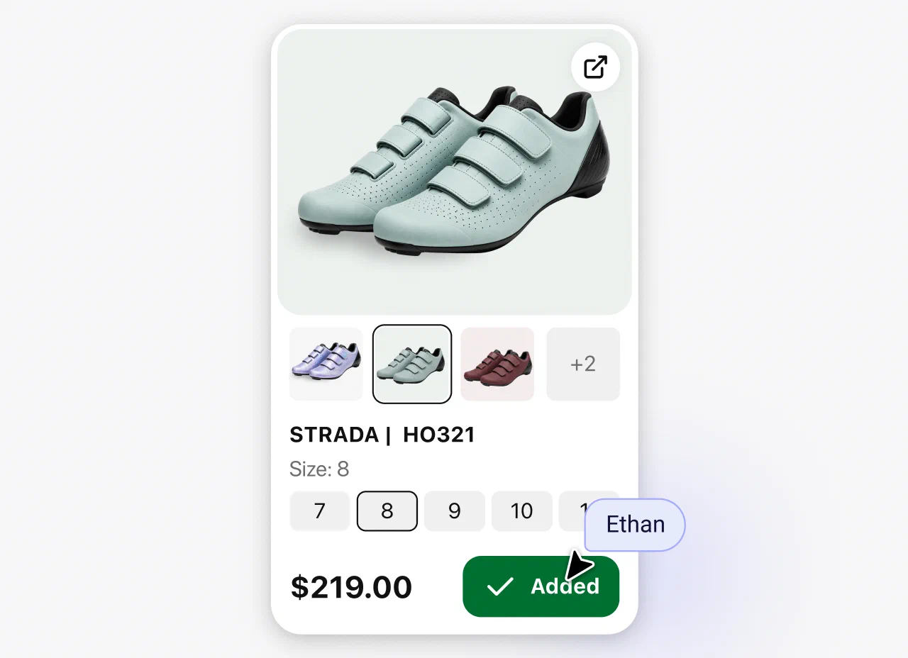 Product card in chat with color and size variants selected and the item added to the cart