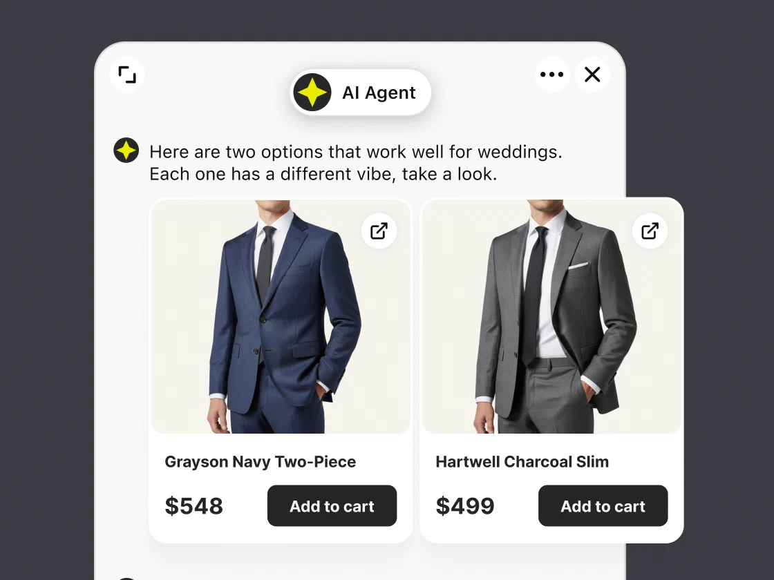 Text AI Agent recommending products in chat as cards with prices and Add to cart buttons