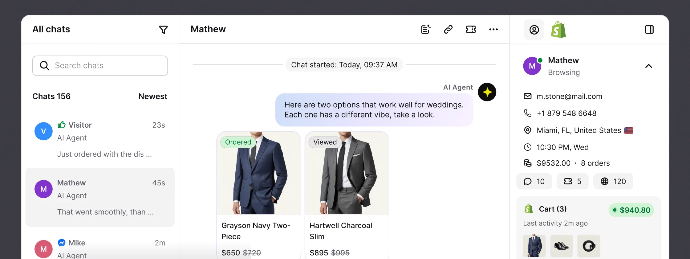 Agent view in Text with the conversation next to a Shopify panel showing the customer's profile, order history, and live cart