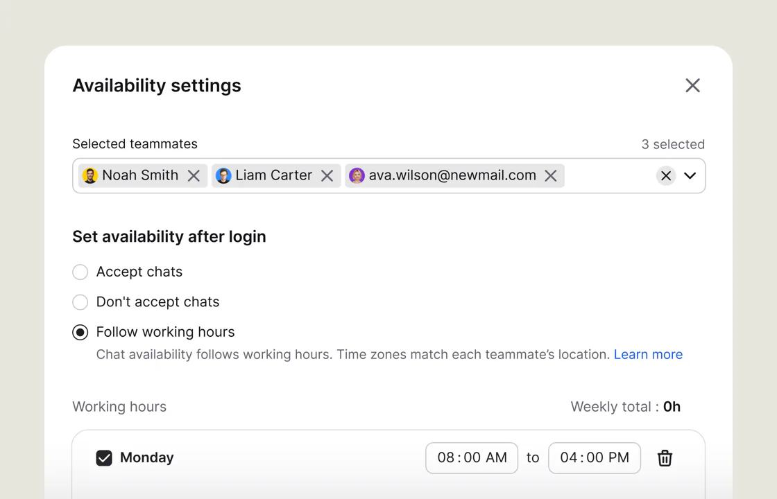 Agent availability settings with teammate selection and working hours