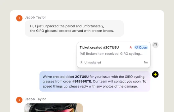 AI Agent creating a support ticket from a conversation about damaged glasses