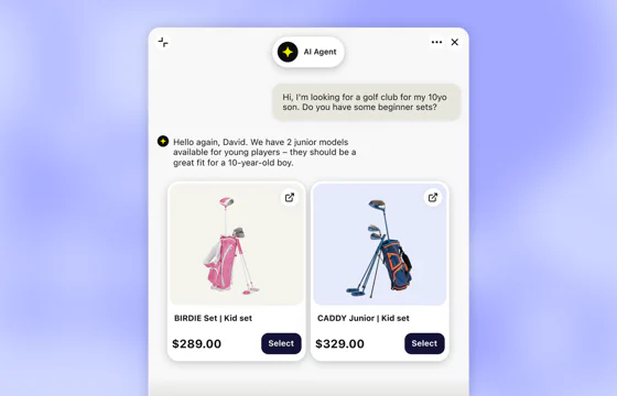 The AI Agent recommending two junior golf sets in a chat with a shopper