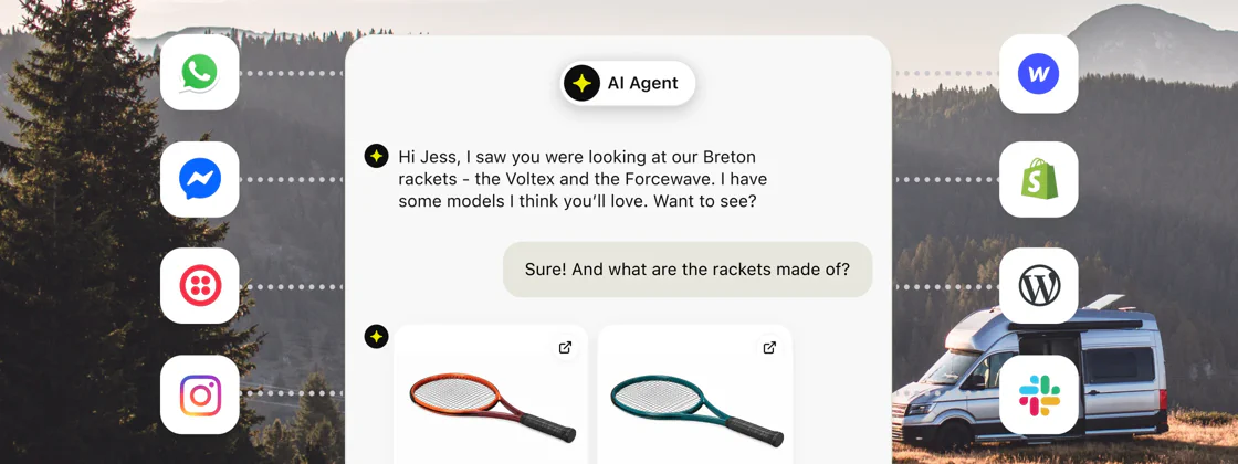 WhatsApp, Messenger, Twilio, Instagram, Webflow, Shopify, WordPress, and Slack connected to one AI Agent conversation