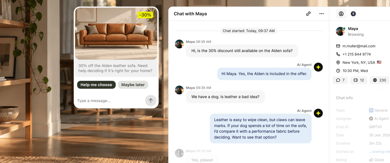 A Text chat widget promoting 30% off the Alden leather sofa, next to the inbox where the AI Agent answers a shopper's question about the sofa and pets