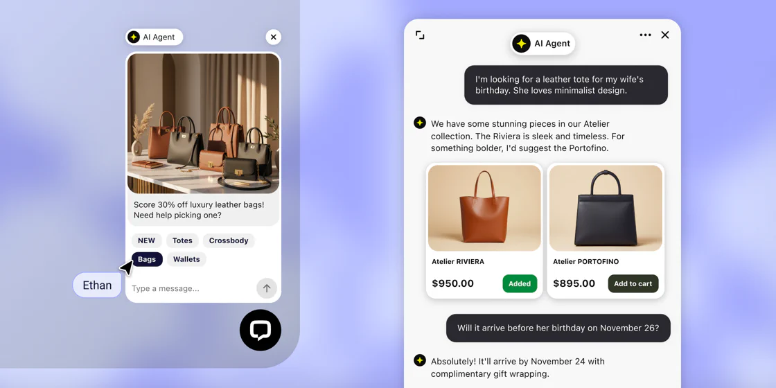 Two Text chat widgets on a store: one promoting 30% off leather bags, the other with an AI Agent recommending two totes with prices and add to cart buttons