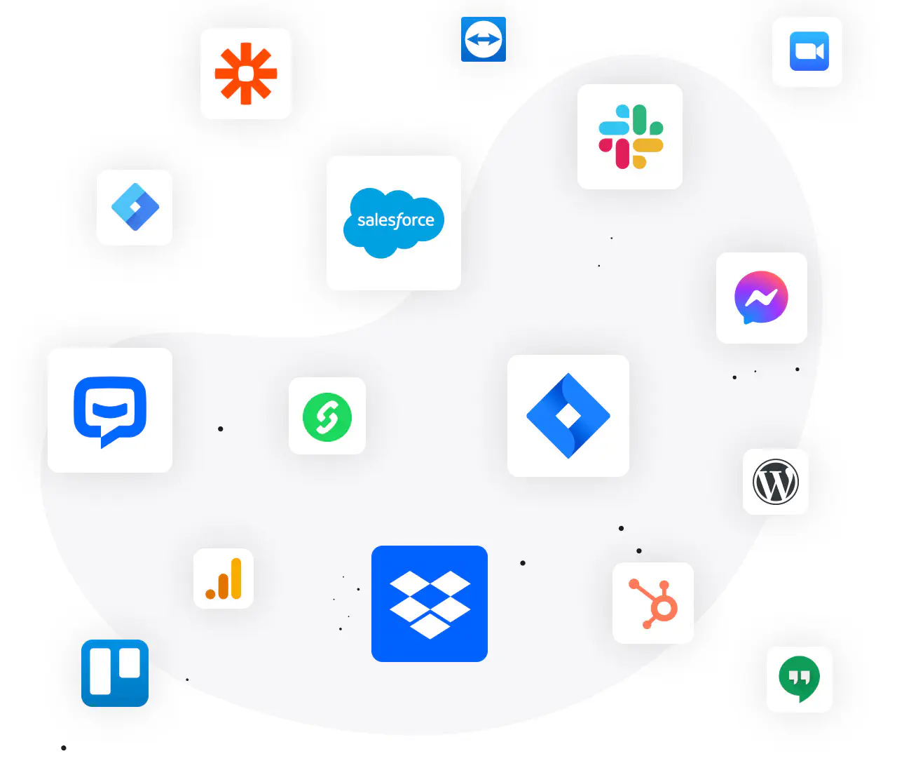 Logos of LiveChat integrations for software companies: ChatBot, Team viewer, Google Hangouts, Facebook, Zapier, Wordpress, Trello, Slack, Dropbox, and more