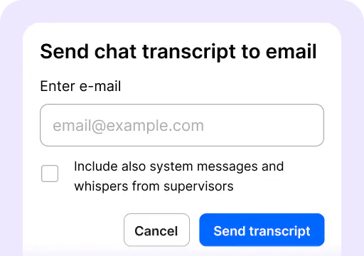 Transcript is one of the areas available in the chat feed inside the Archives section of the LiveChat agent app. It's where you send a conversation transcript to your email or download it.