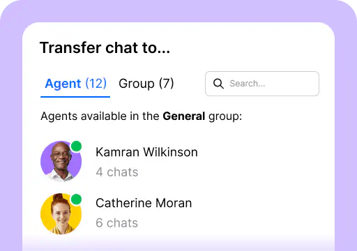 Chat transfers is one of the areas available in the chat feed inside the LiveChat agent app. It lets you transfer chats to another agent or group.