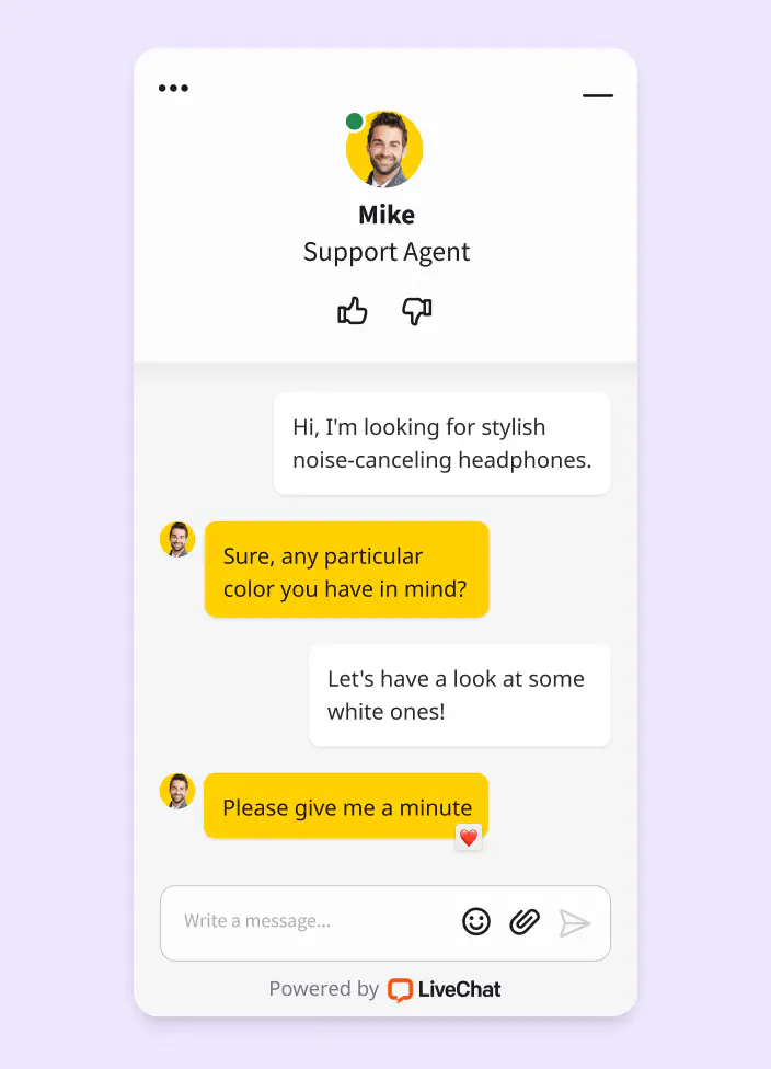 A preview of the chat widget and the conversation between a customer and customer support agent.