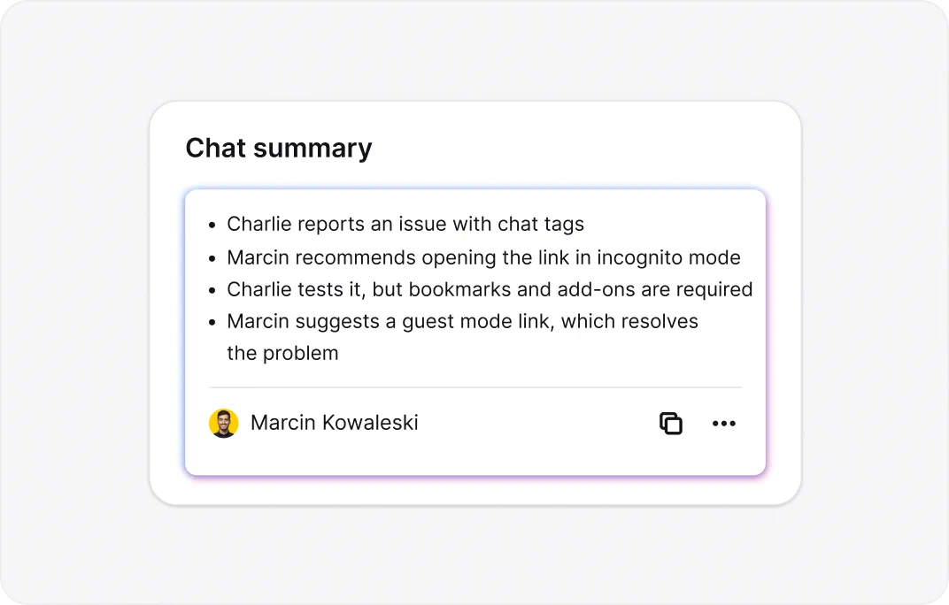 AI-generated conversation summary showing key points from customer chat in WooCommerce LiveChat