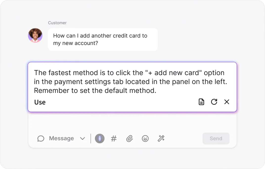 AI-powered reply suggestions feature generating customer support responses in WooCommerce
