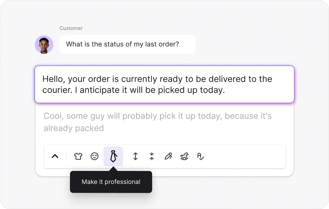 AI text enhancement tool adjusting message tone and style in LiveChat for WooCommerce