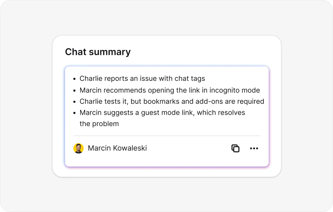 AI-generated conversation summary showing key points from customer chat in WordPress LiveChat