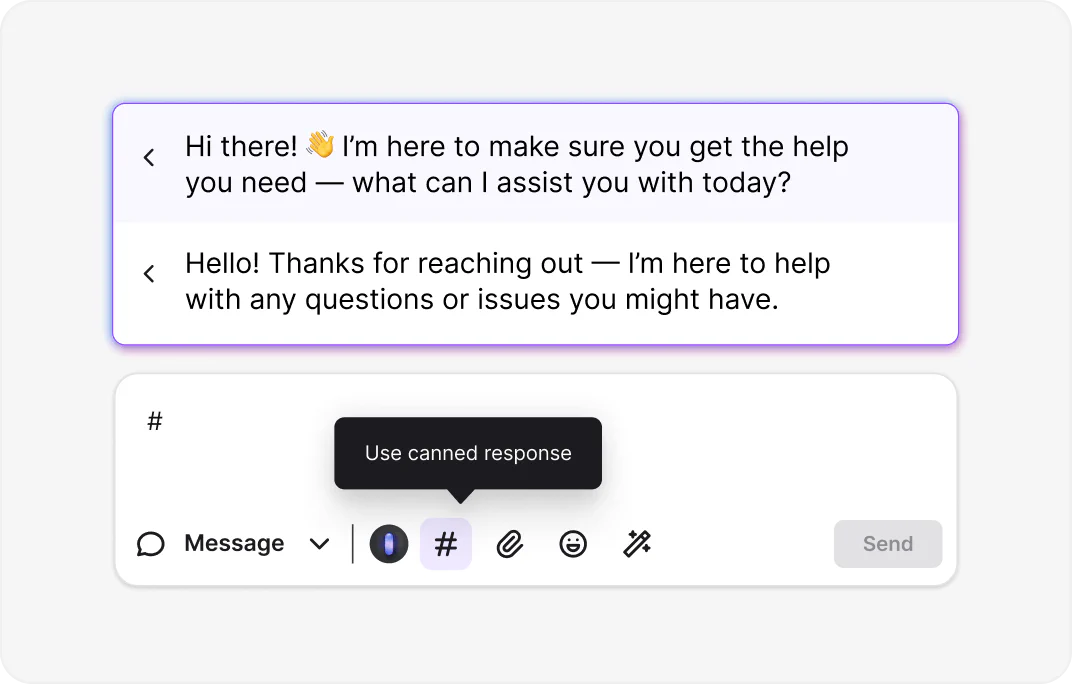 Canned responses interface showing saved message templates for WordPress LiveChat