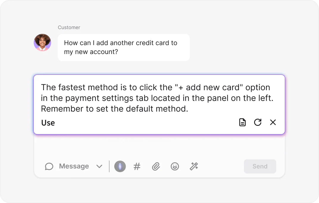 AI-powered reply suggestions feature generating customer support responses in WordPress