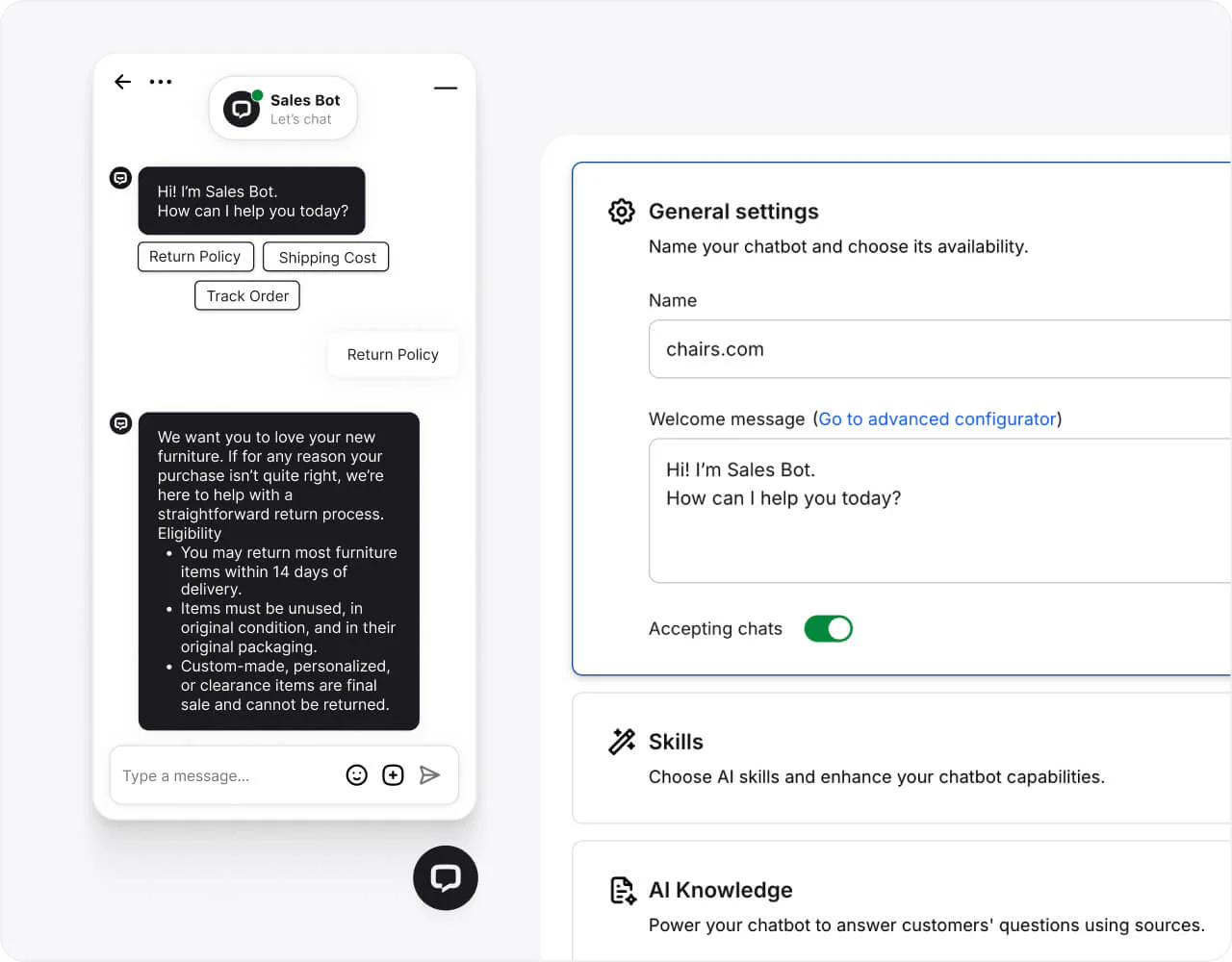 AI chatbot interface providing automated customer support on WordPress website