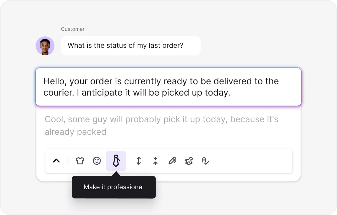 AI text enhancement tool adjusting message tone and style in LiveChat for WordPress