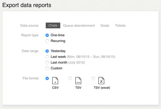 Data export options available in LiveChat Data export options available in LiveChat