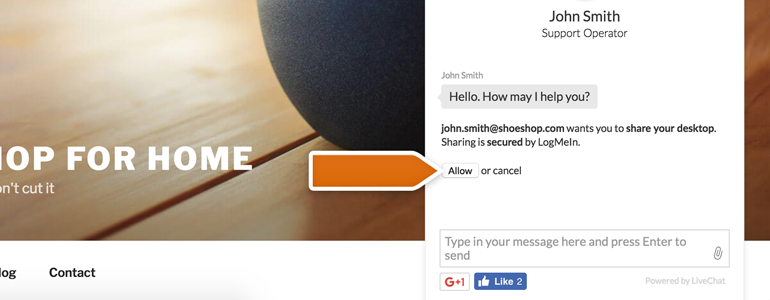 LiveChat Join me: Ask your customer to click on Allow button, available in his chat window