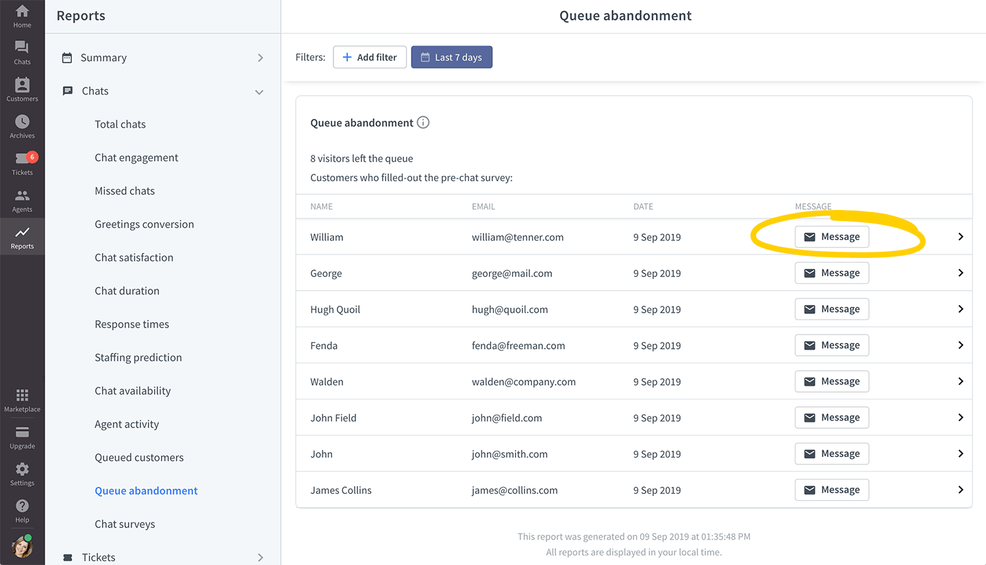 Send messages from the queue abandonment report in LiveChat
