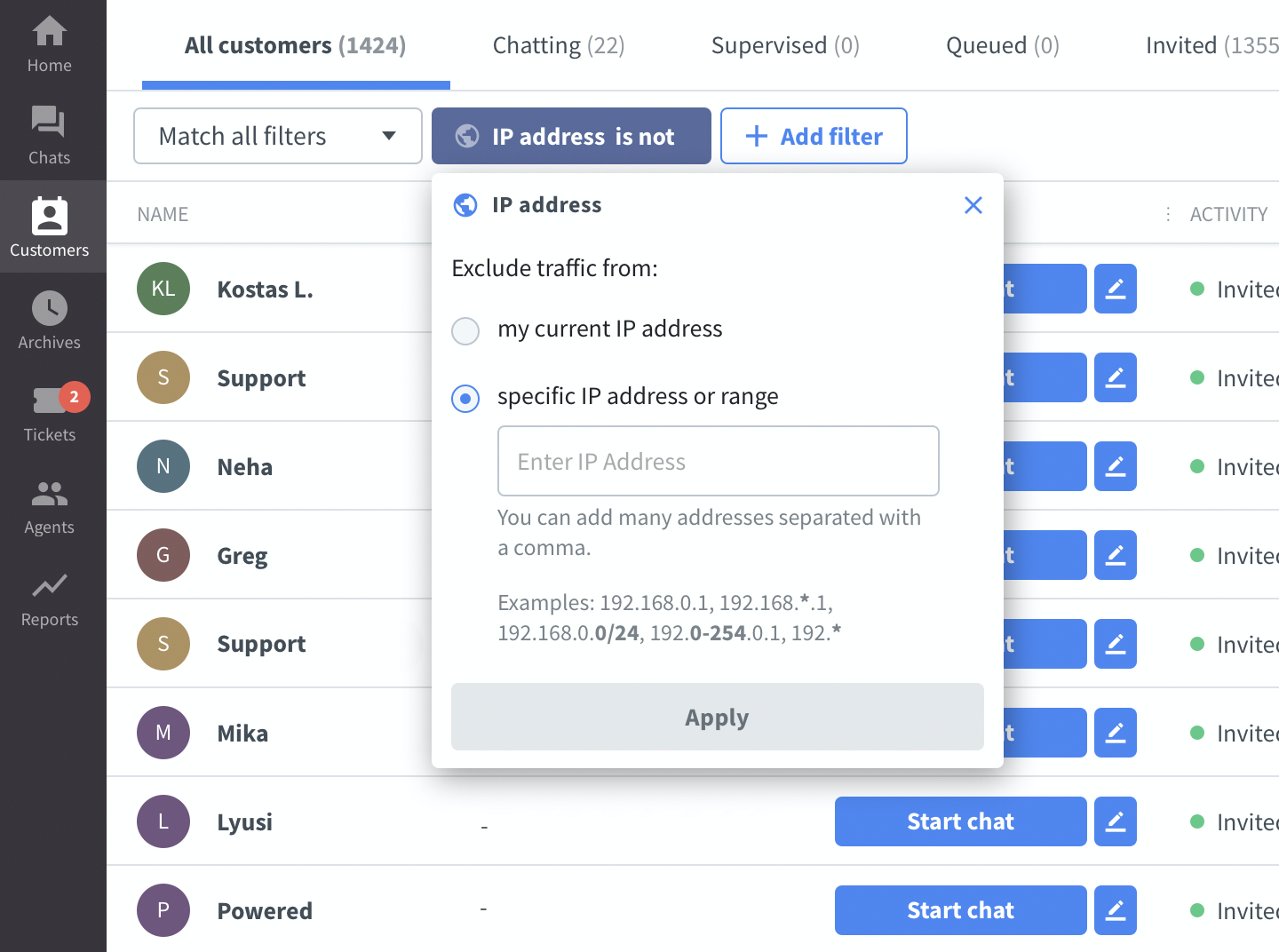 Exclude bots and ip addresses from the LiveChat customers list