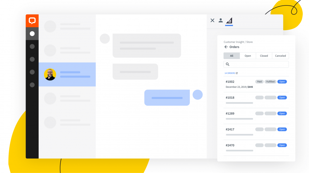 BigCommerce_overall_scenes_02-23 List of BigCommerce orders in the LiveChat agent app's chat view
