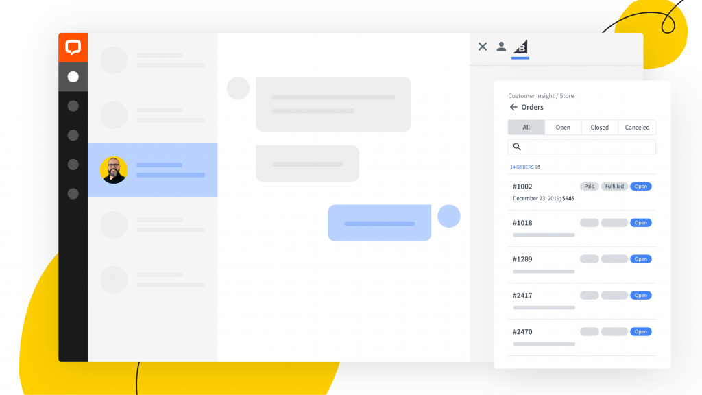 List of BigCommerce orders in the LiveChat agent app's chat view
