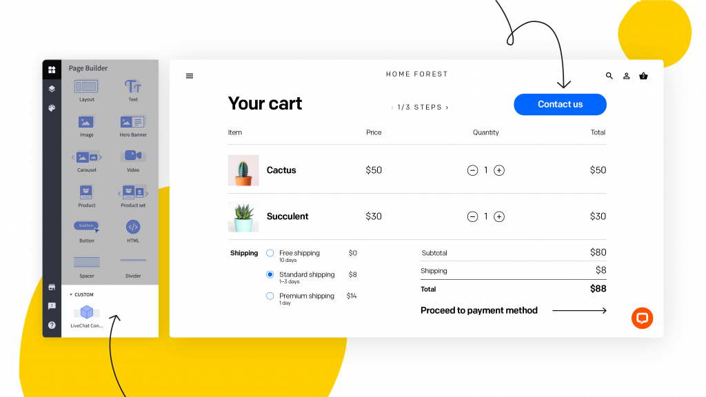 BigCommerce_overall_scenes_02-24 BigCommerce Page Builder view. Arrows point to LiveChat custom contact button widget, and the button on the preview of the BigCommerce store
