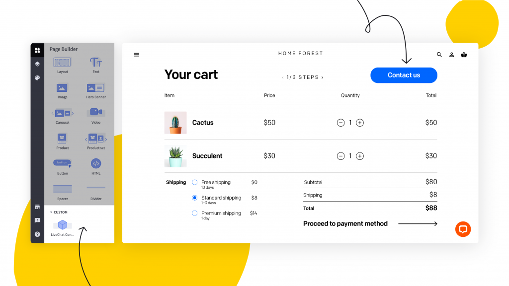 BigCommerce Page Builder view. Arrows point to LiveChat custom contact  button widget, and the button on the preview of the BigCommerce store
