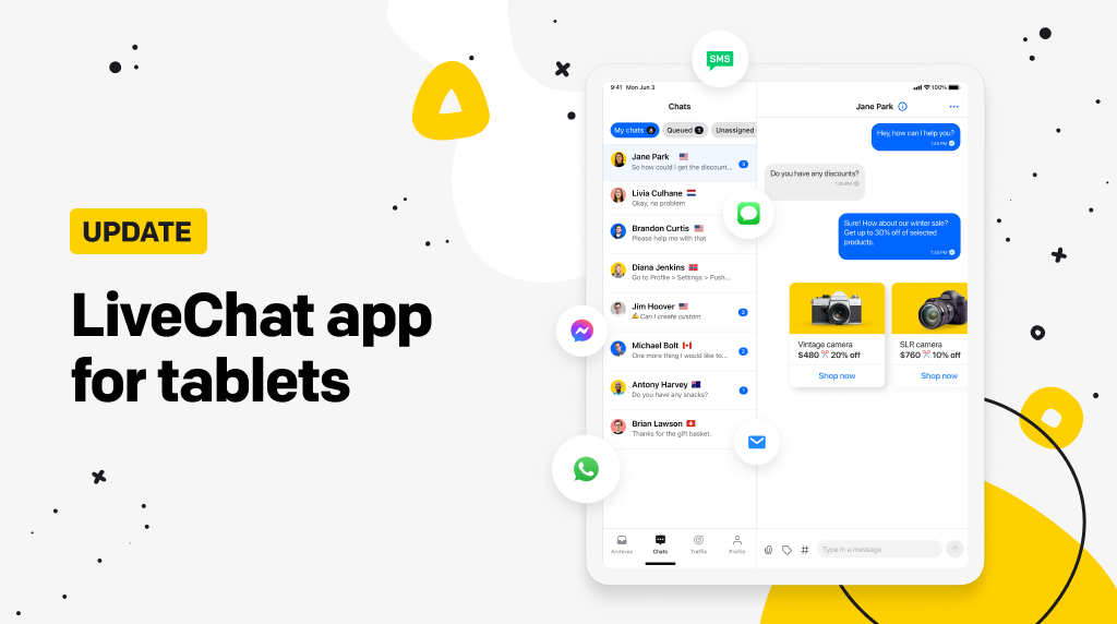 The view of the LiveChat mobile app for tablets with a caption 'LiveChat app for tablets'