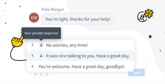 The view of Chat section in the LiveChat Agent App with a private canned response indocated.